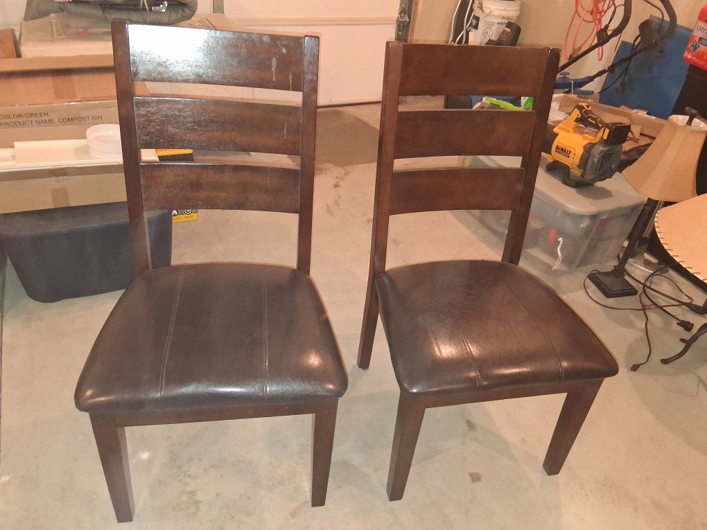 Set of 4 Used Wooden Dining Chairs with Brown Real Leather Upholstered Seats