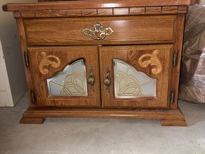 Vintage Nightstand w/ Working Cupboards – Decorative Drawer Front