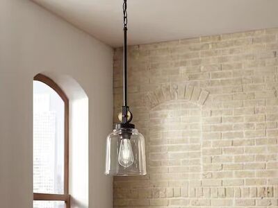Knollwood Light Blackened Bronze Mini Pendant Hanging Light with Vintage Brass Accents and Clear Glass Shade