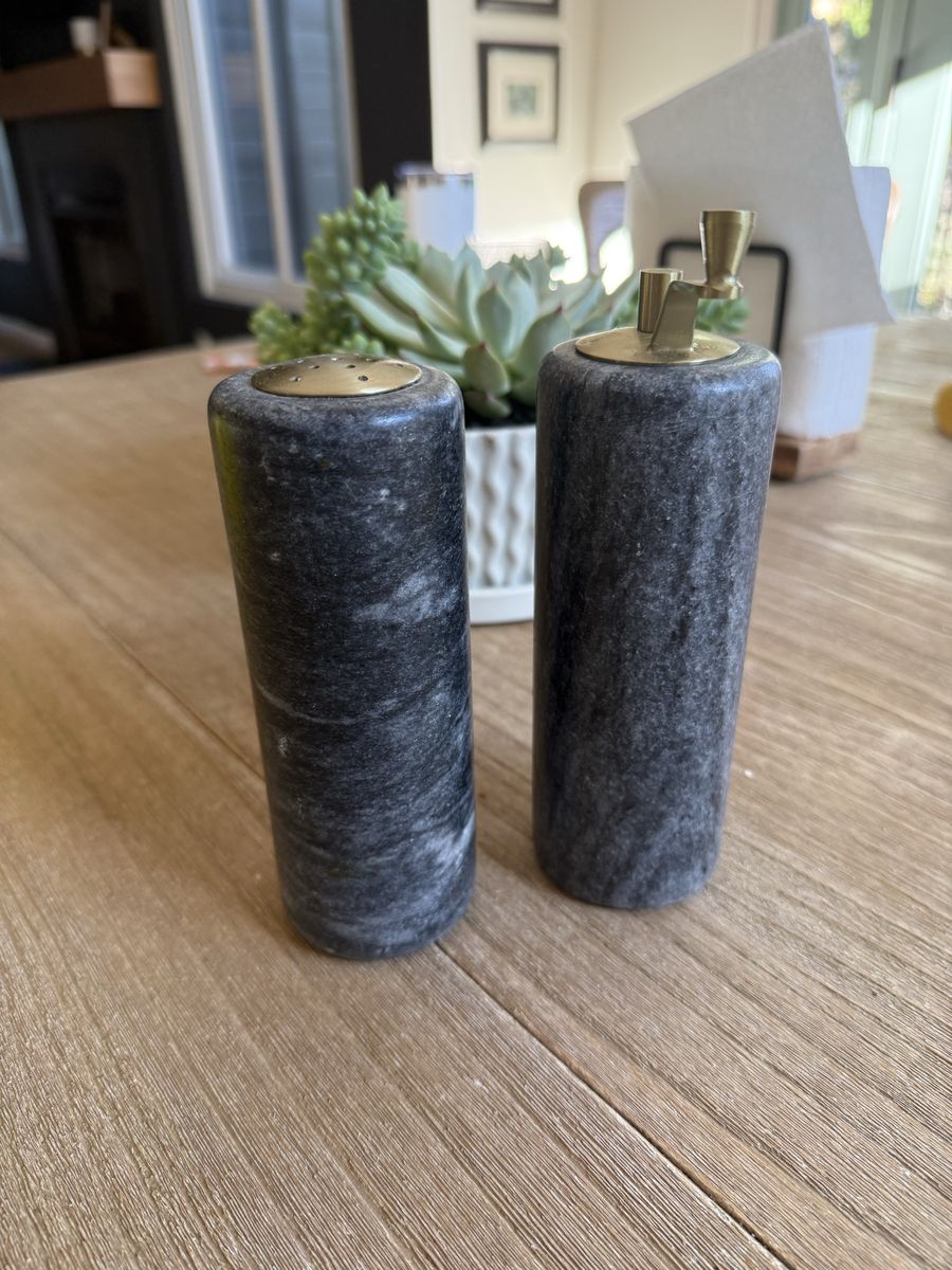 Marble Salt and Pepper Shaker Set with Brass Tops