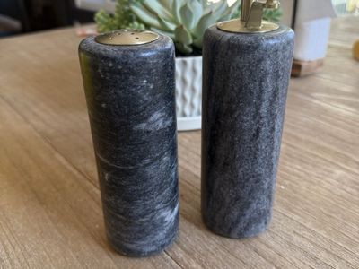 Marble Salt and Pepper Shaker Set with Brass Tops