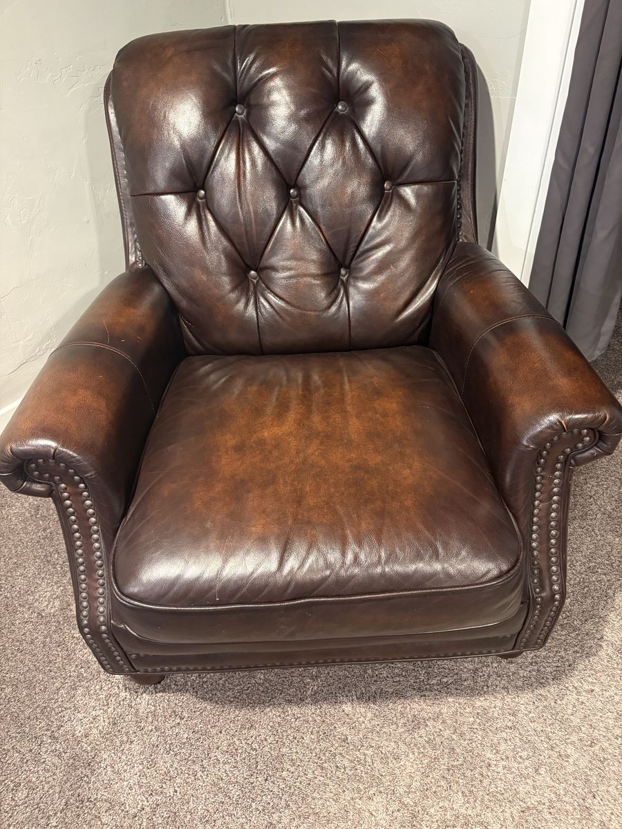 Brown Leather Accent Chair with Tufted Back