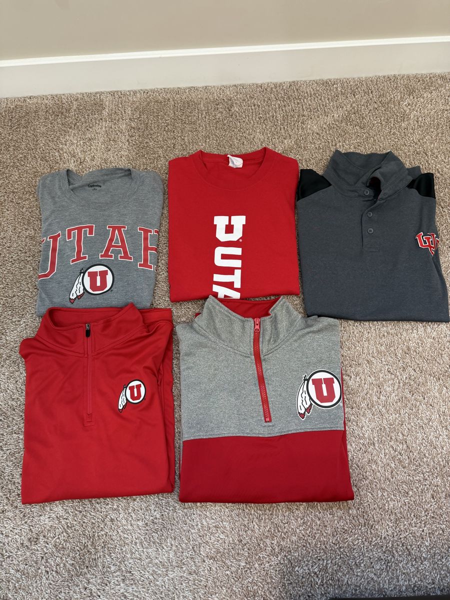 University of Utah Utes Fan Apparel Lot - 5 Men's Tops: T-Shirts, Polo, 1/4 Zips (Gray/Red)