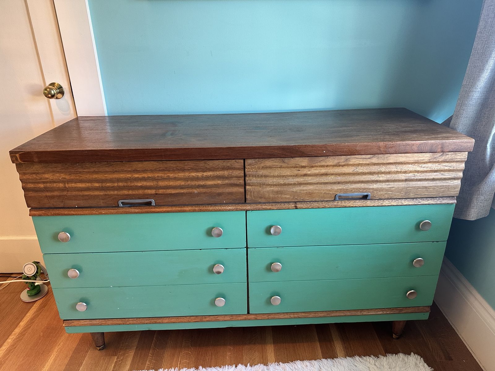 Refinished Mid-Century Modern Dresser - Wood Top, 6 Teal Drawers, Unique Handles