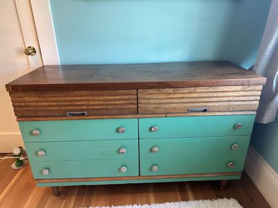Refinished Mid-Century Modern Dresser - Wood Top, 6 Teal Drawers, Unique Handles