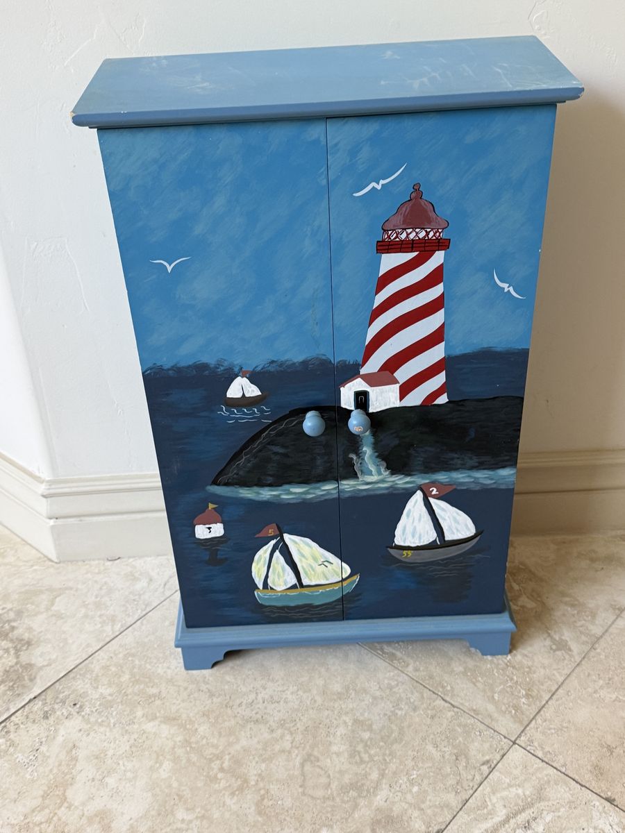 Painted Wood Nautical Shelf - Lighthouse & Sailboat Design