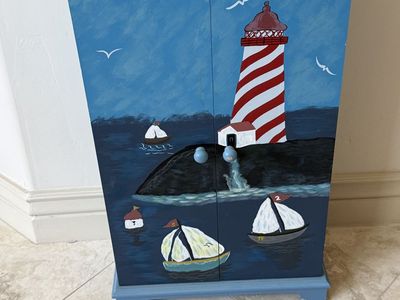 Painted Wood Nautical Shelf - Lighthouse & Sailboat Design