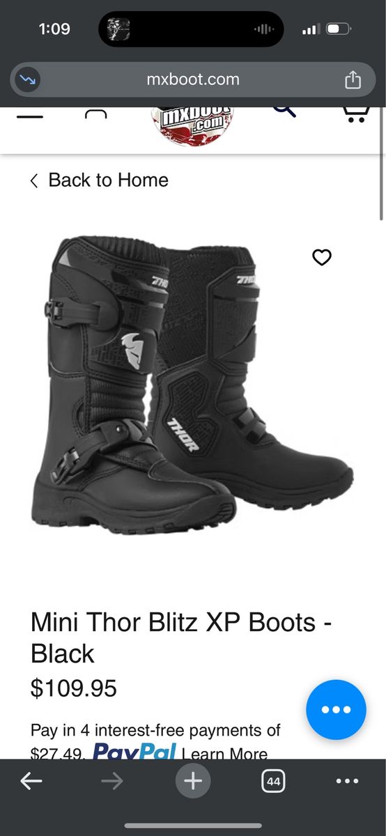 Thor Blitz XP Mini Black Dirt Bike Boots - Youth Size 1, Motocross
