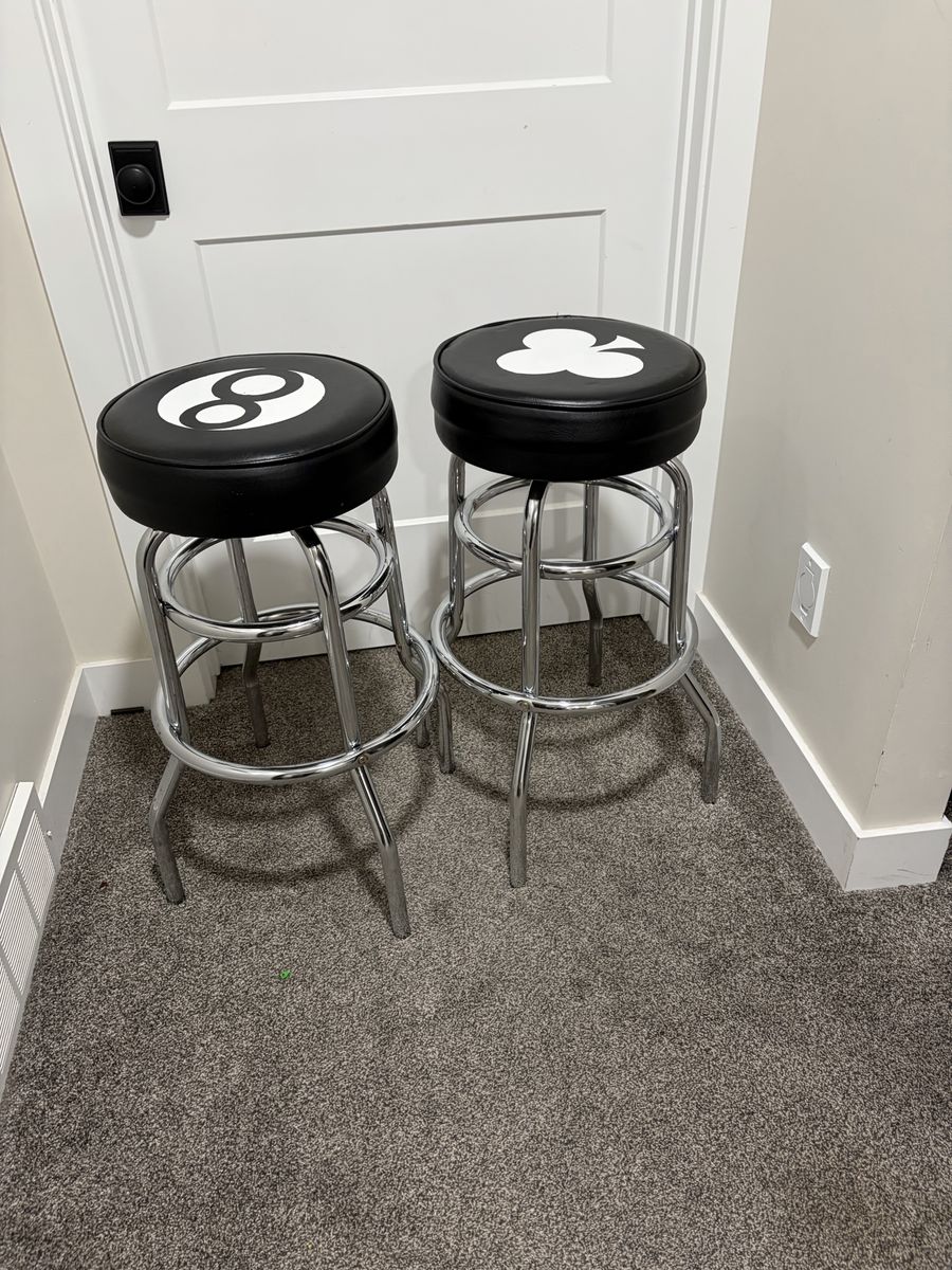 Set of Two Black and White Chrome Barstools with 8-Ball and Club Design