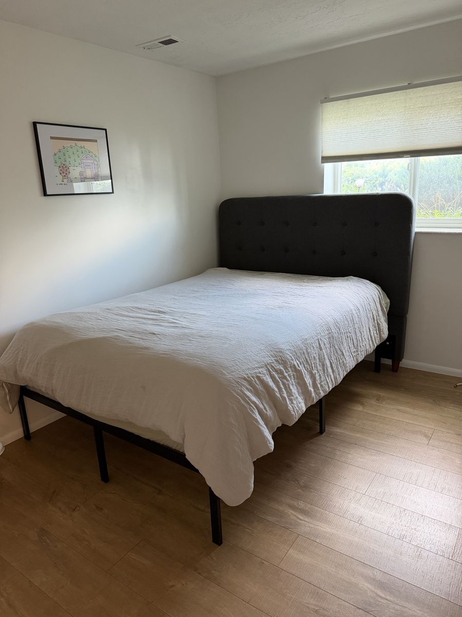 Queen Size Bed Set: Mattress, Black Metal Frame, & Gray Tufted Headboard
