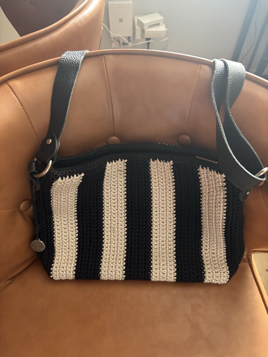 The Sak Black & White Striped Crocheted Crossbody Bag with Leather Strap