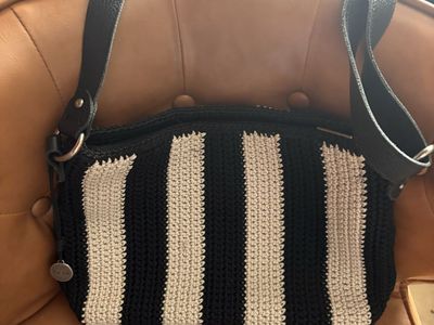 The Sak Black & White Striped Crocheted Crossbody Bag with Leather Strap