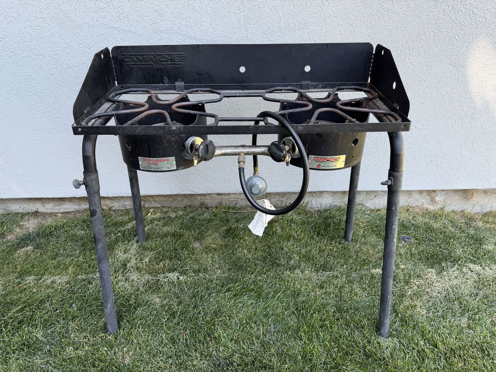 Camp Chef Explorer 2 burner Stove with wind guard and cover