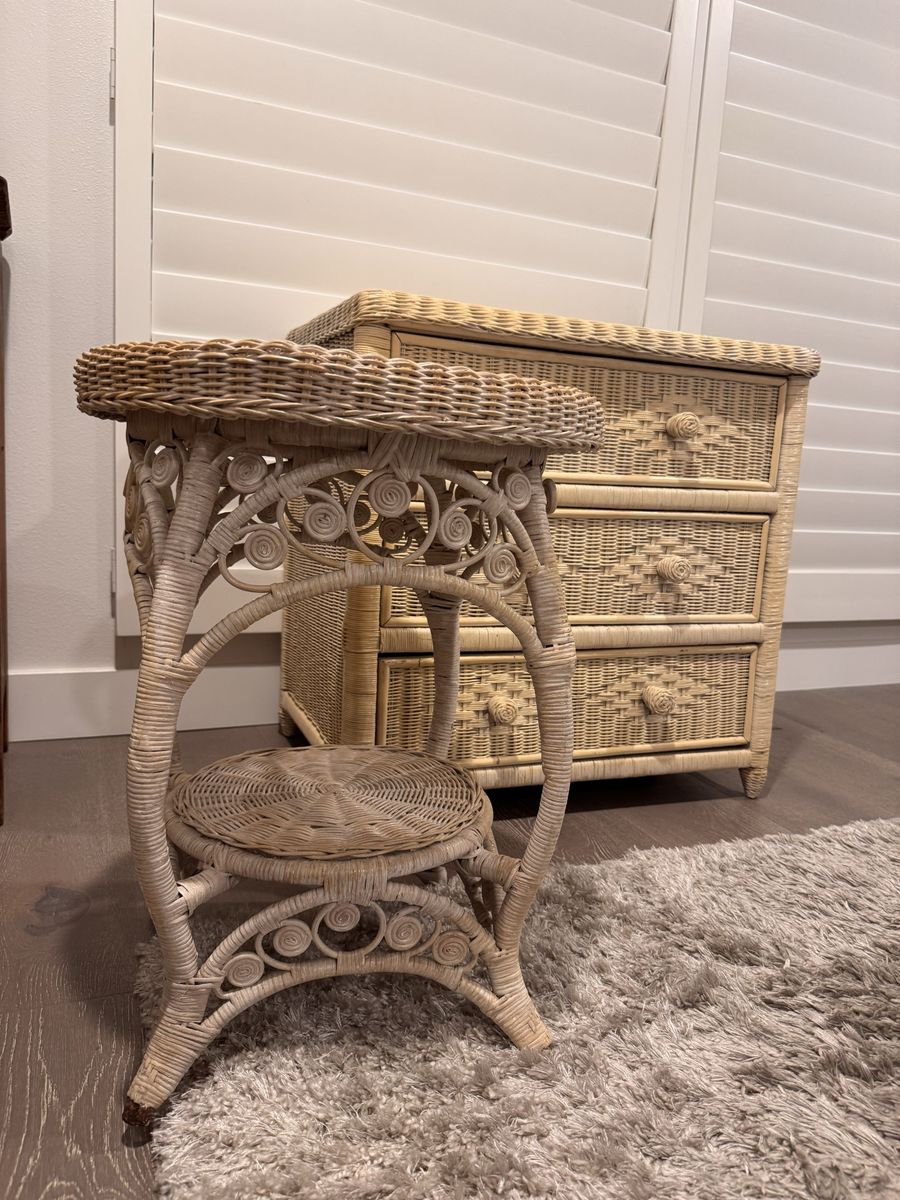 Adorable Vintage Wicker Side Table & 3-Drawer Dresser Nightstand Set