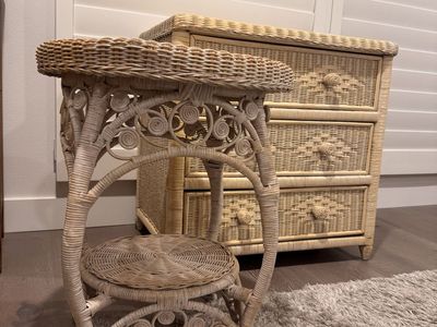 Adorable Vintage Wicker Side Table & 3-Drawer Dresser Nightstand Set