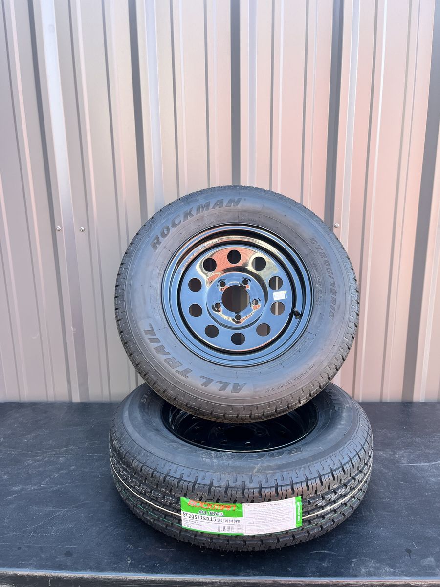 New Set of 2 Rockman ST 205/75 R 15 Trailer Tires Mounted on New Black Mod Wheels  8 Ply E Load  5 on 4.5 Pattern