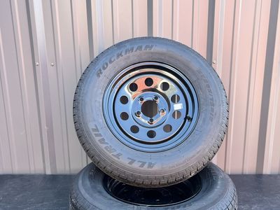 New Set of 2 Rockman ST 205/75 R 15 Trailer Tires Mounted on New Black Mod Wheels 8 Ply E Load 5 on 4.5 Pattern