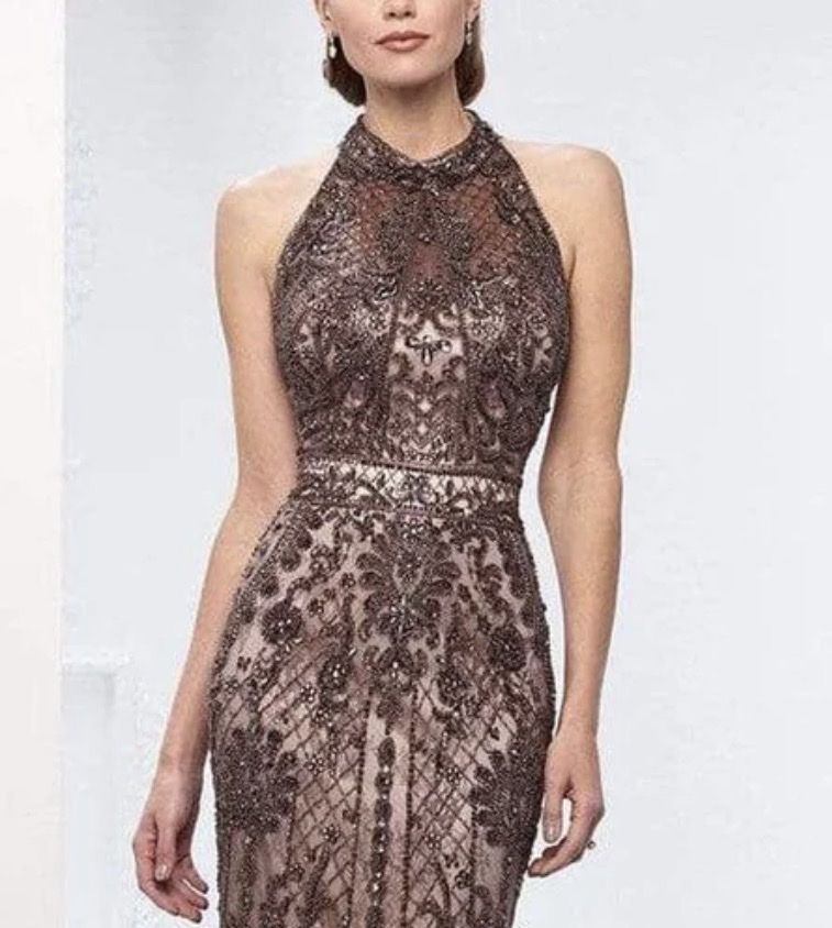 Ivonne D Exclusively for Mon Cheri 218D27 Halter Neck Evening Gown in Mocha, Size 12