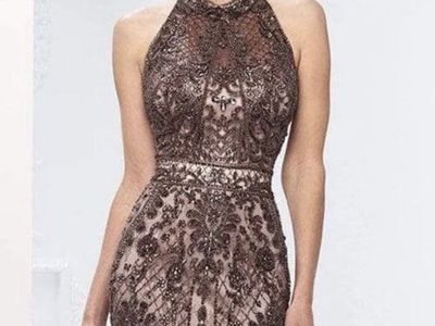 Ivonne D Exclusively for Mon Cheri 218D27 Halter Neck Evening Gown in Mocha, Size 12