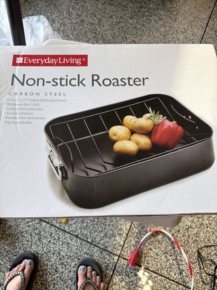 Everyday Living 16"x12" Carbon Steel Non-Stick Roaster Pan with Removable V-Rack & Flip-Down Handles