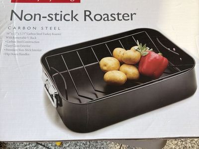 Everyday Living 16"x12" Carbon Steel Non-Stick Roaster Pan with Removable V-Rack & Flip-Down Handles