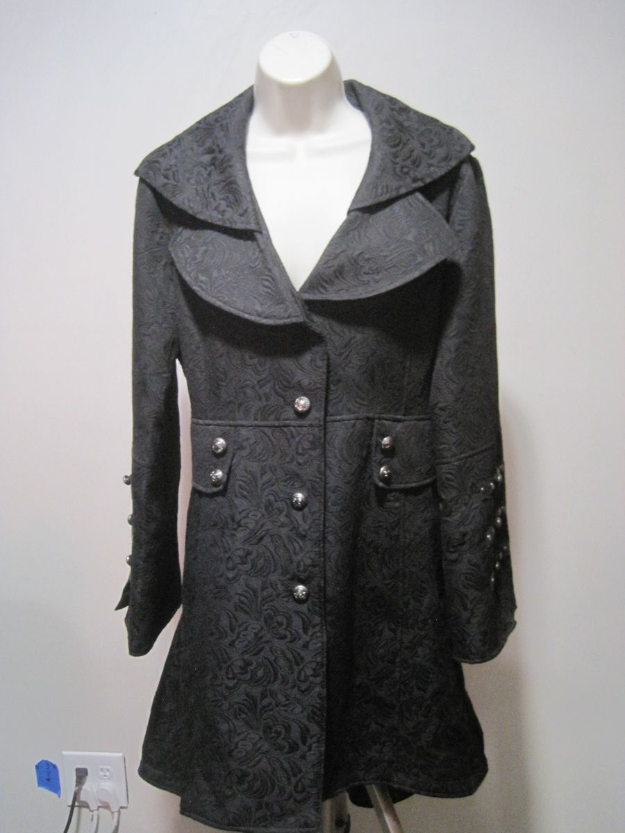 Hearts & Roses Black Floral Victorian Gothic Winter Trench Coat Women's Size 14