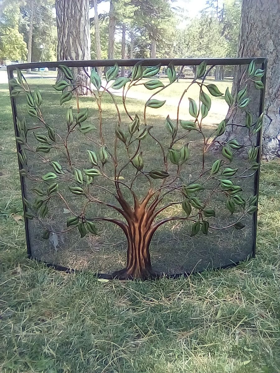 Decorative Metal Fireplace Screen with Tree Design - Black Frame, Green Leaves