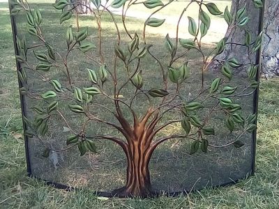 Decorative Metal Fireplace Screen with Tree Design - Black Frame, Green Leaves