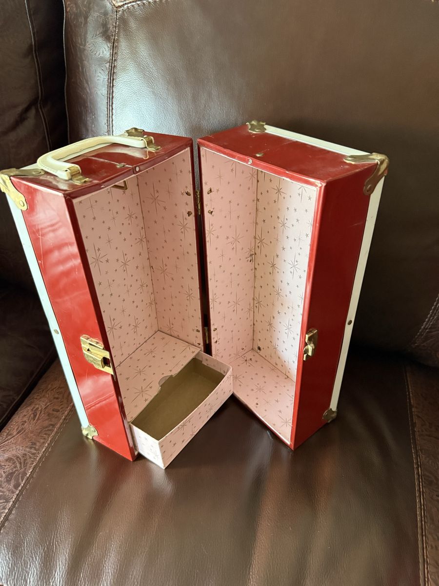 Vintage  metal doll cabinet 12 1/2” W open 12 1/2 T 6 1/2 D