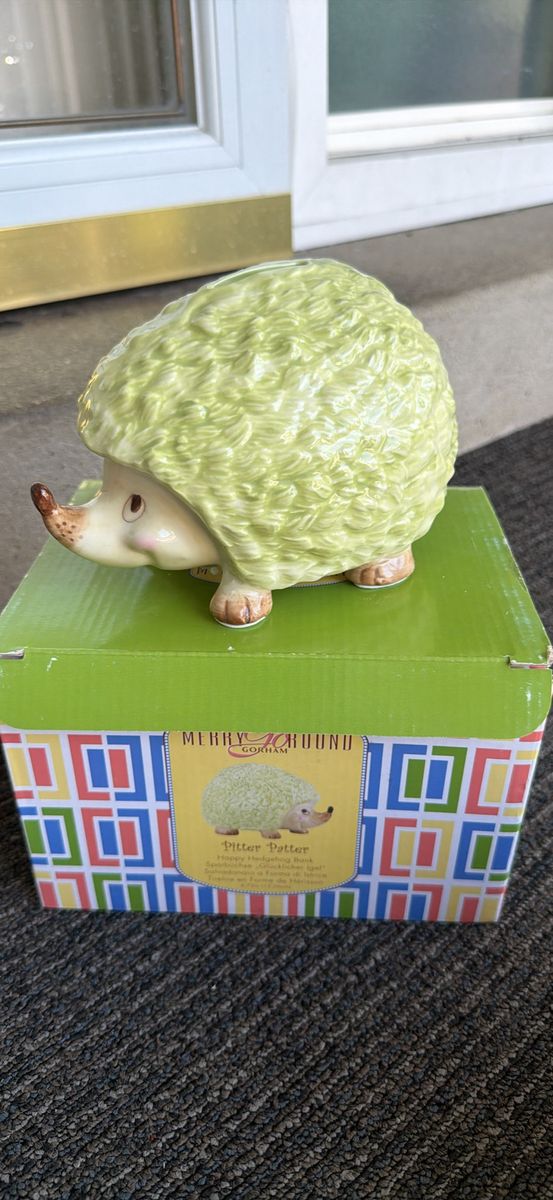 Gorham Merry Go Round Pitter Patter Happy Hedgehog Ceramic Coin Bank with Box