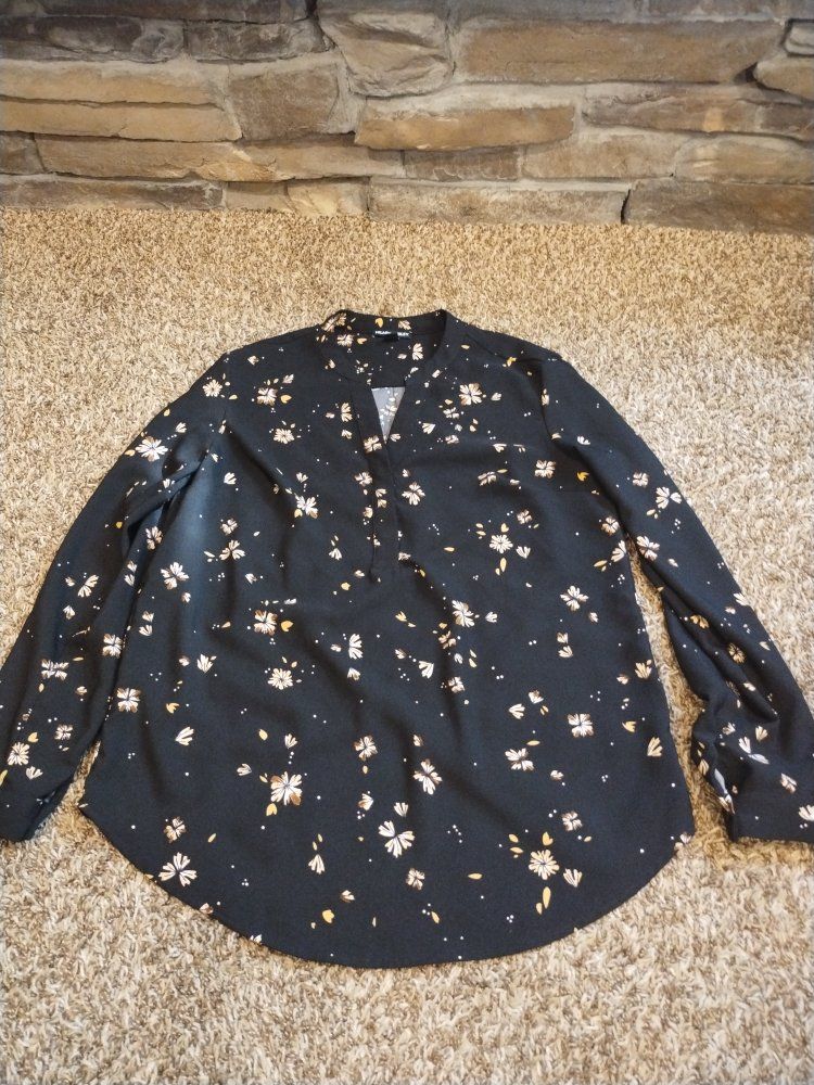 Hilary Radley Black Floral Long Sleeve Blouse Size Small