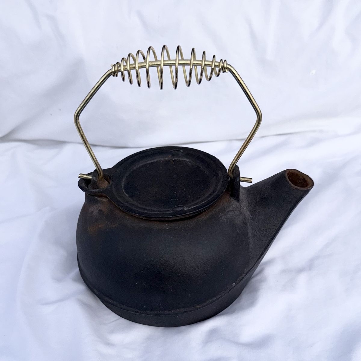 Large Antique/Vintage Cast Iron Tea Kettle Swivel Lid Brass Handle
