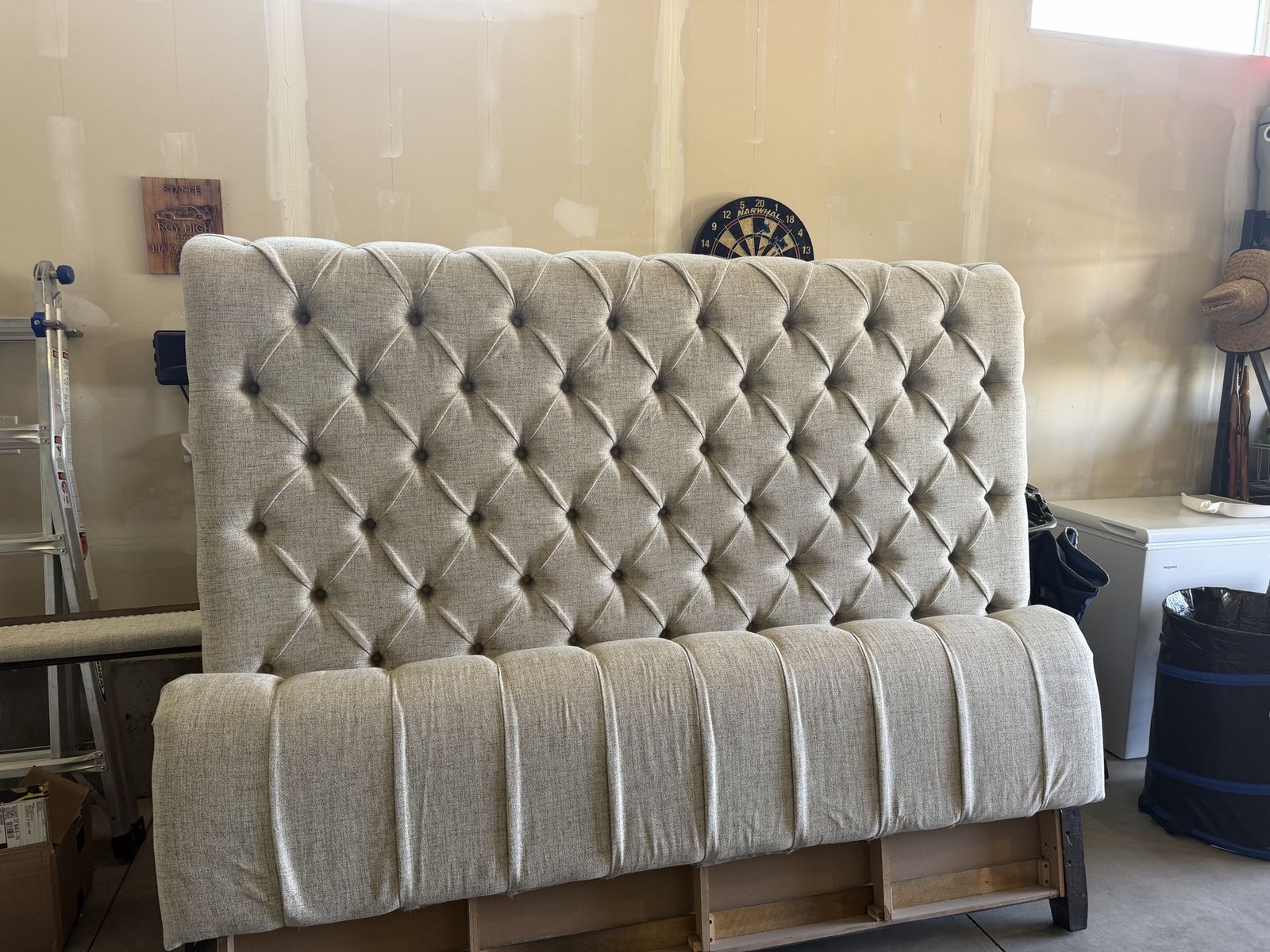 Tufted Upholstered King Size Headboard and Footboard - Nailhead Trim, Beige Fabric