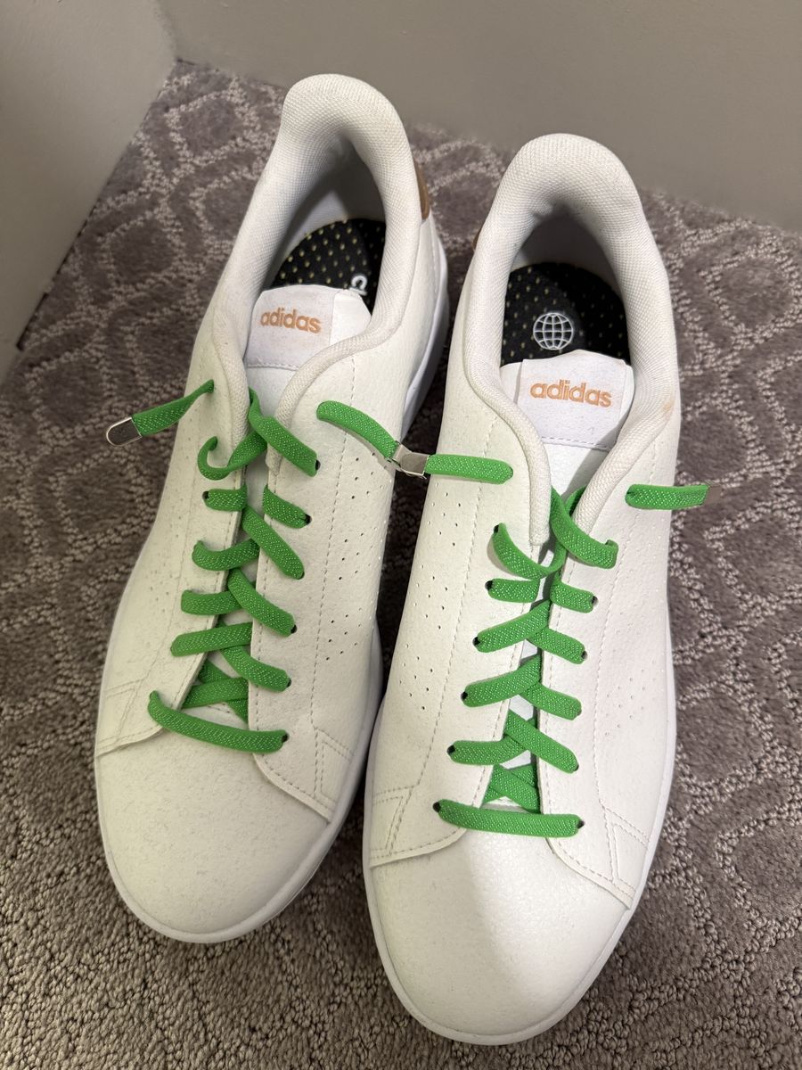 Adidas White Casual Sneakers with Green Laces and Gold Heel Tab Size 11