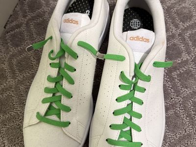 Adidas White Casual Sneakers with Green Laces and Gold Heel Tab Size 11