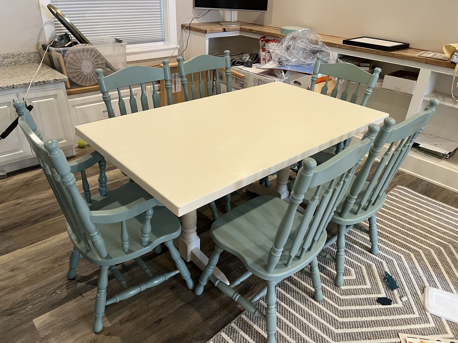 Farmhouse Dining Table & 6 Chairs - White Top, Sage Green Spindle Back, Solid Wood Set