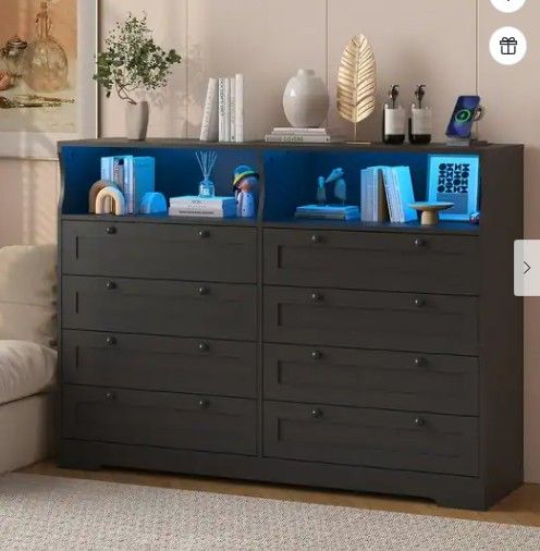 New - Huloretions 55" Black 8 Drawer Bedroom Dresser w/ Charging Station