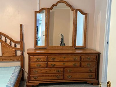 Large Solid Oak Dresser with Trifold Mirror