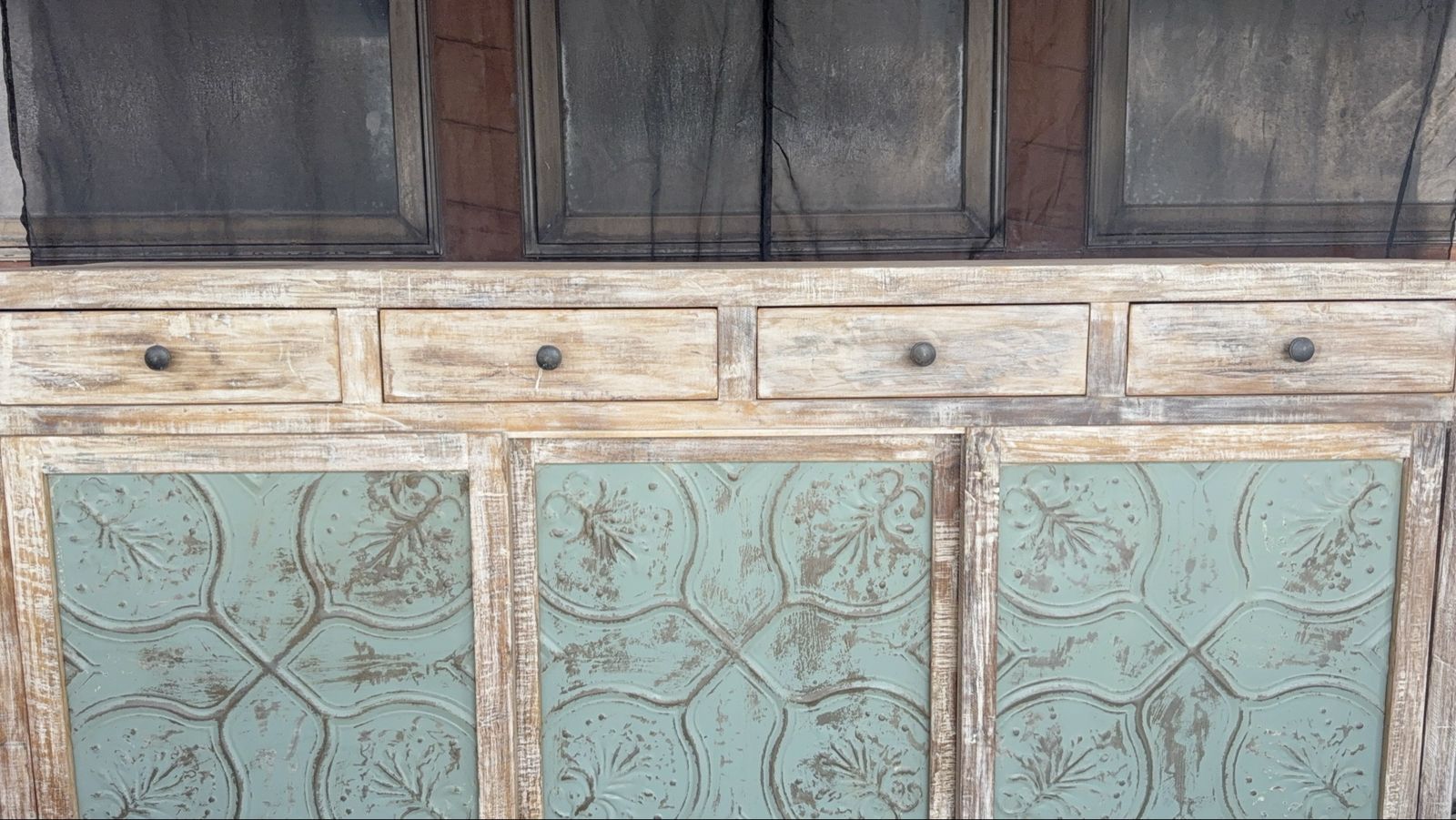 Sundance rustic side table metal sliding doors. One of a kind.