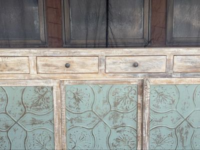 Sundance rustic side table metal sliding doors. One of a kind.