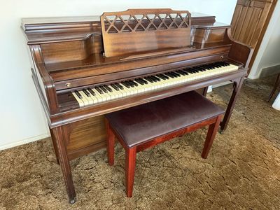 Vintage Janssen Wooden Spinet Upright Piano with Padded Bench