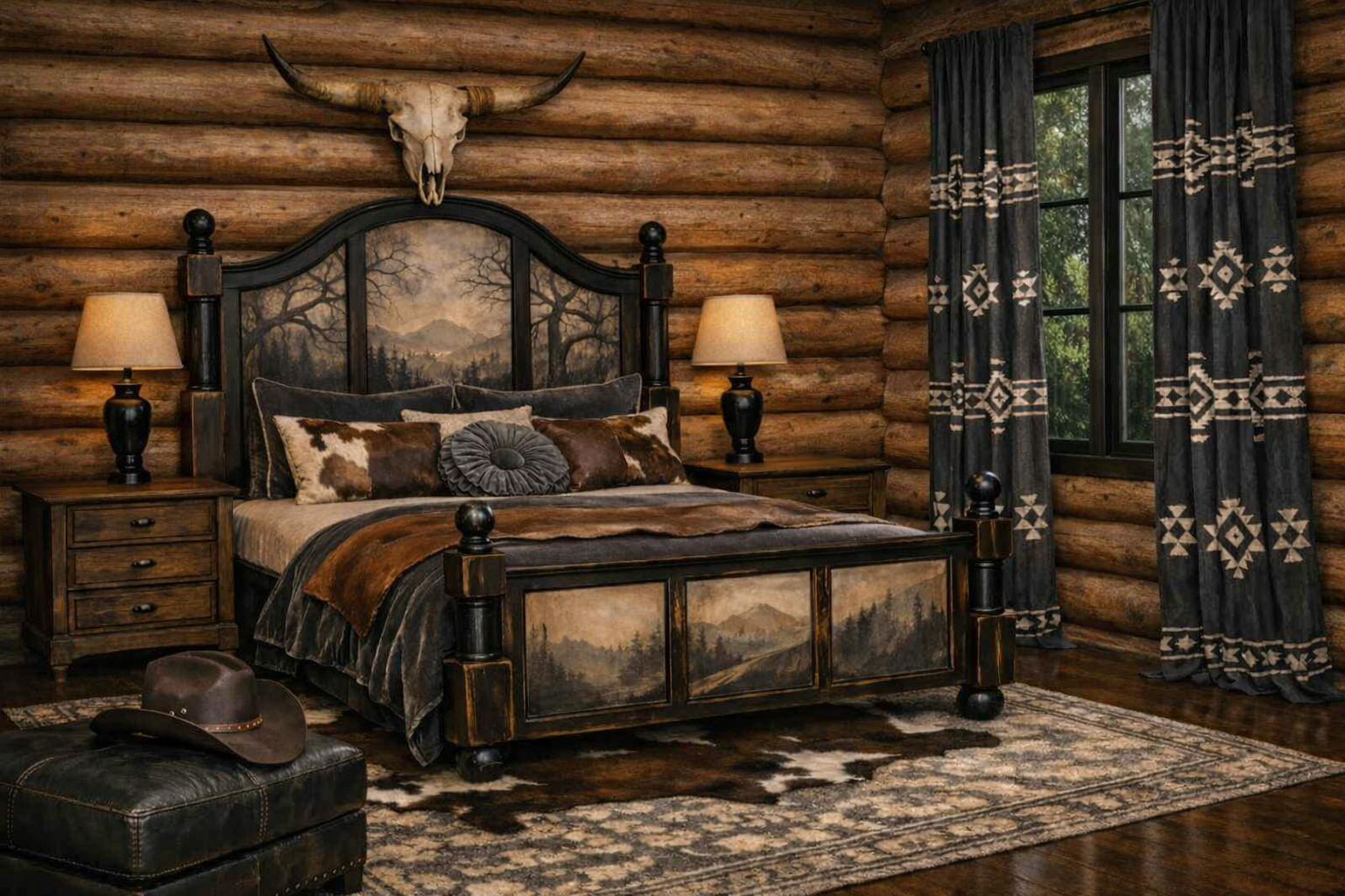 Tall Twisted Trees King Bed Frame Western Handpainted Artisan Nature Cabin Farmhouse Academia French