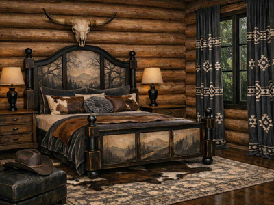 Tall Twisted Trees King Bed Frame Western Handpainted Artisan Nature Cabin Farmhouse Academia French