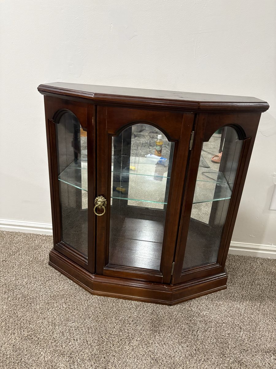 Vintage Wooden Corner Curio Display Cabinet with Glass Shelves and Brass Lion Pull