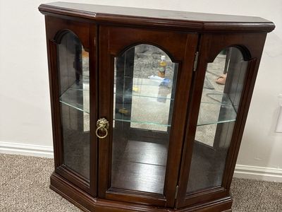 Vintage Wooden Corner Curio Display Cabinet with Glass Shelves and Brass Lion Pull