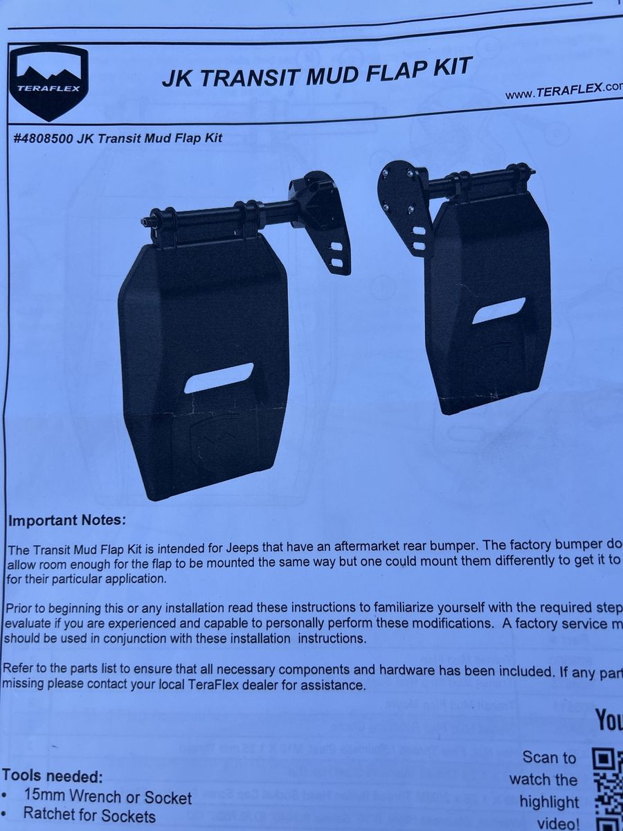 NEW-TeraFlex 4808500 JK Transit Mud Flap Kit - Black, for Jeeps with Aftermarket Rear Bumper