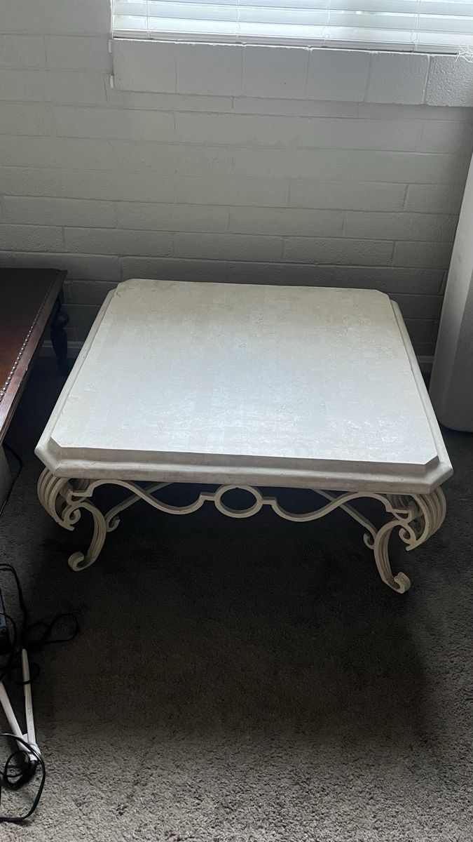 Vintage Square Coffee Table with Ornate Metal Base