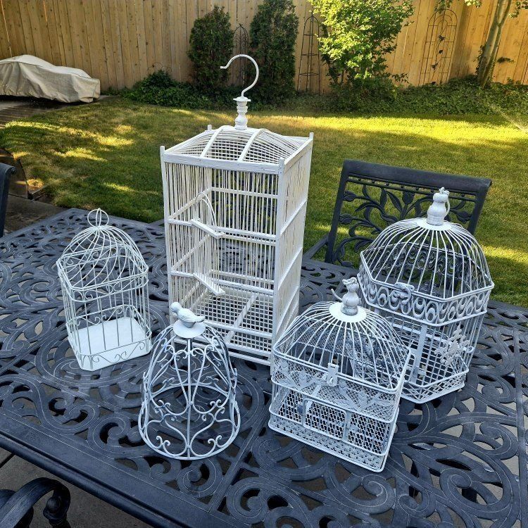 Set of 5 White Decorative Metal Bird Cages - Various Sizes