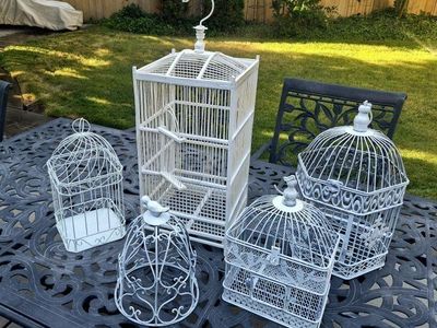 Set of 5 White Decorative Metal Bird Cages - Various Sizes