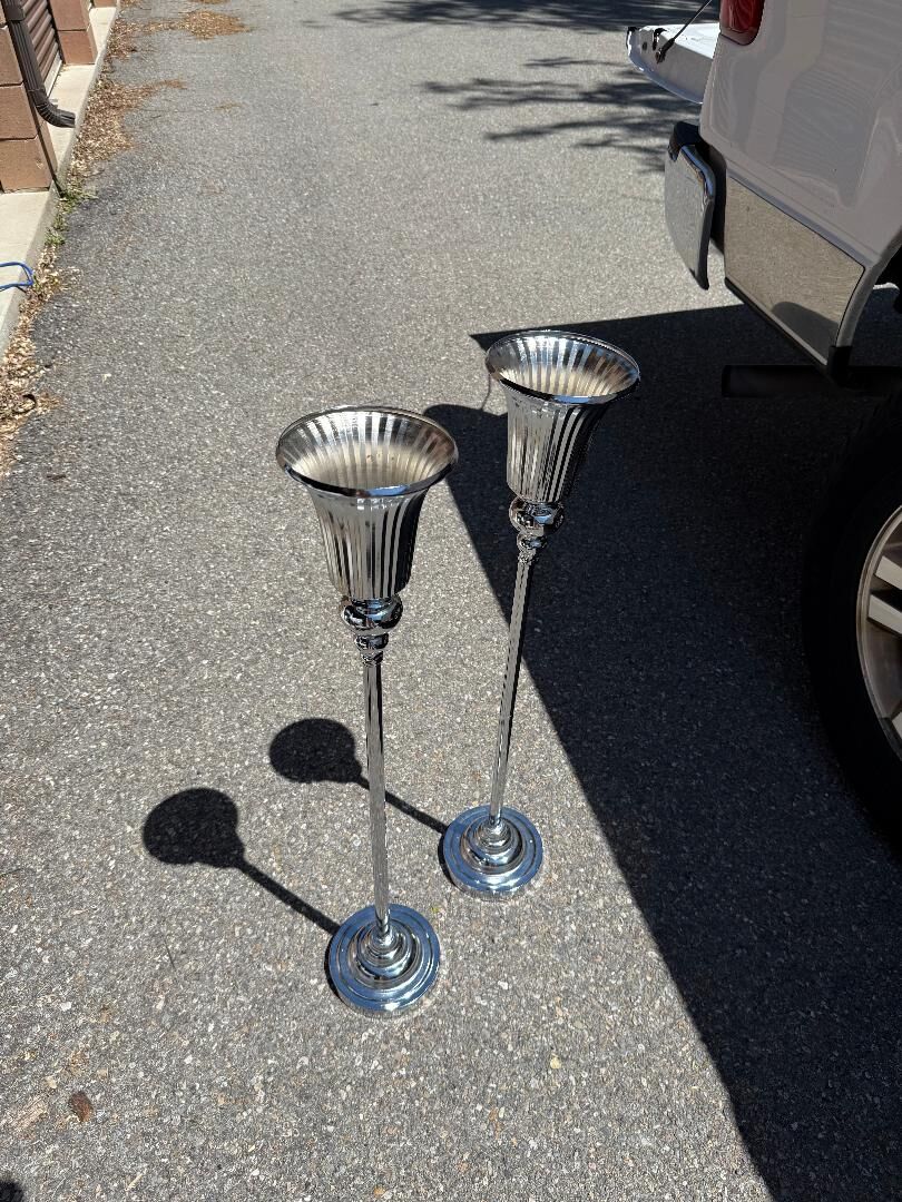 2 tall silver flower/candle holder for decoration